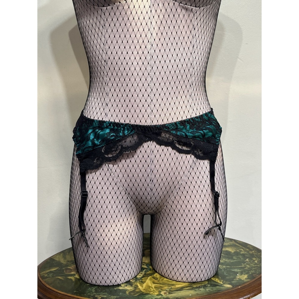 Vintage Best Form Black Teal Emerald Green Lace Garter Belt Waist Cincher Large